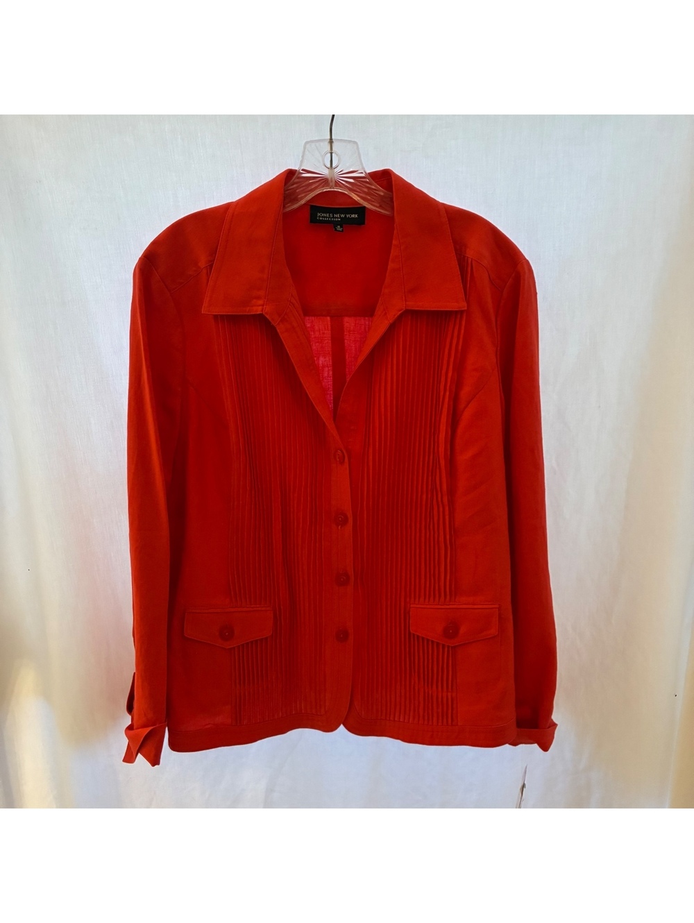 Jones New York NWT 100%Linen Blazer Orange Coral Pintuck Pleated Button Up Sz 16